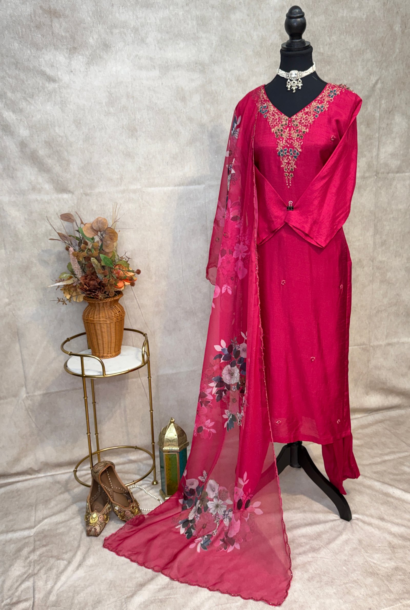 Rani Pink Dola Silk Embroidered 3-Piece Suit Set